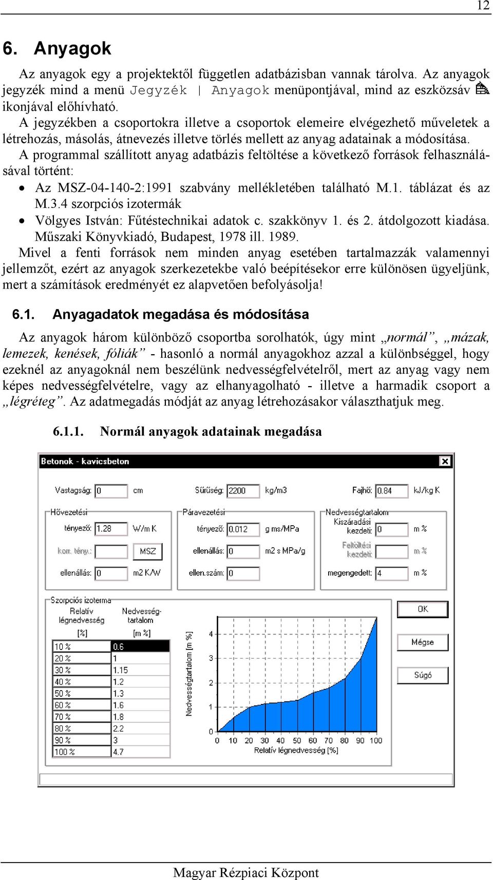 A programmal szállított anyag adatbázis feltöltése a következő források felhasználásával történt: Az MSZ-04-140-2:1991 szabvány mellékletében található M.1. táblázat és az M.3.