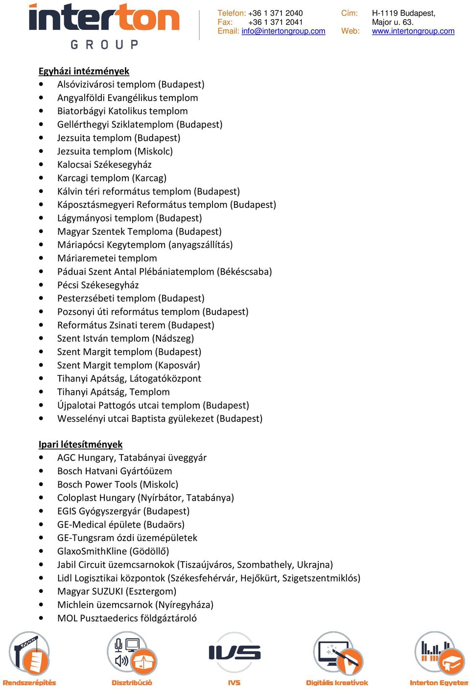 Temploma (Budapest) Máriapócsi Kegytemplom (anyagszállítás) Máriaremetei templom Páduai Szent Antal Plébániatemplom (Békéscsaba) Pécsi Székesegyház Pesterzsébeti templom (Budapest) Pozsonyi úti