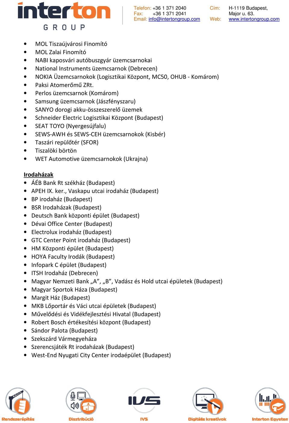 Perlos üzemcsarnok (Komárom) Samsung üzemcsarnok (Jászfényszaru) SANYO dorogi akku-összeszerelő üzemek Schneider Electric Logisztikai Központ (Budapest) SEAT TOYO (Nyergesújfalu) SEWS-AWH és SEWS-CEH