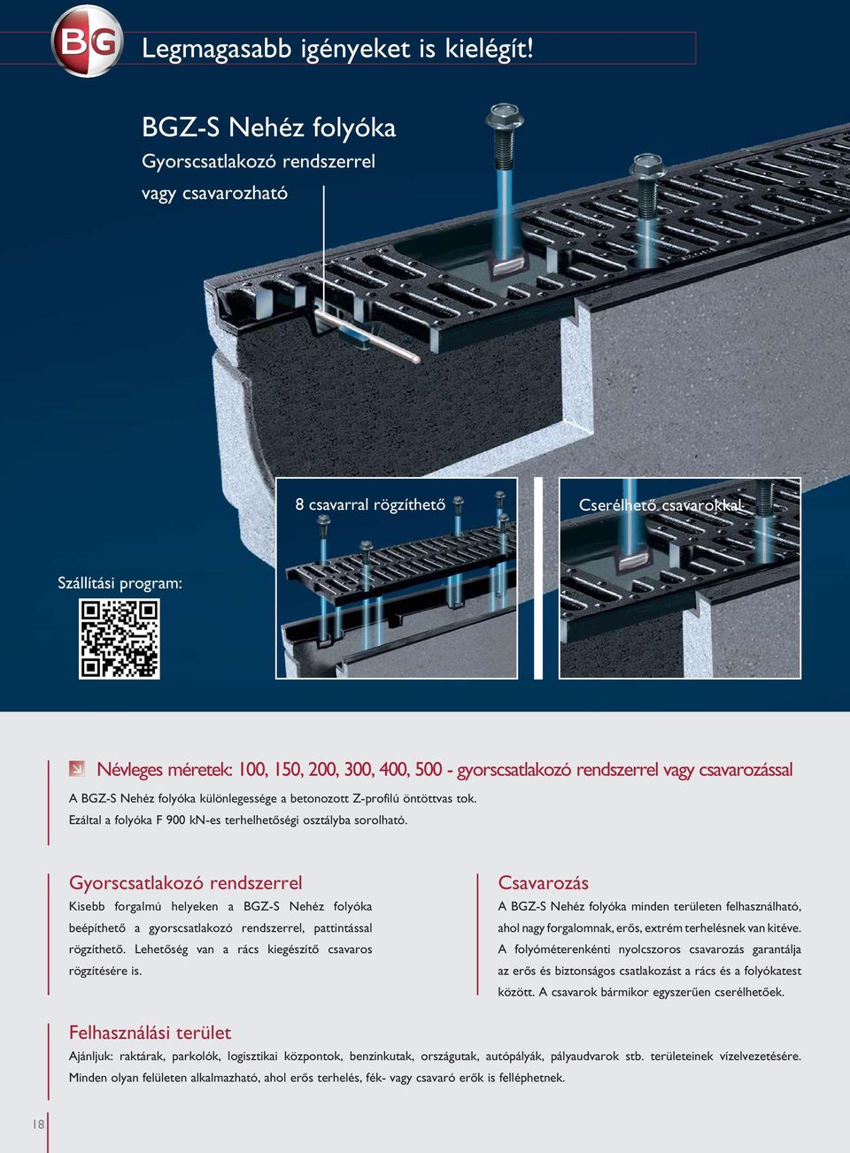 rendszerrel vagy csavarozással A BGZ-S Nehéz folyóka különlegessége a betonozott Z-profilú öntöttvas tok. Ezáltal a folyóka F 900 kn-es terhelhetőségi osztályba sorolható.