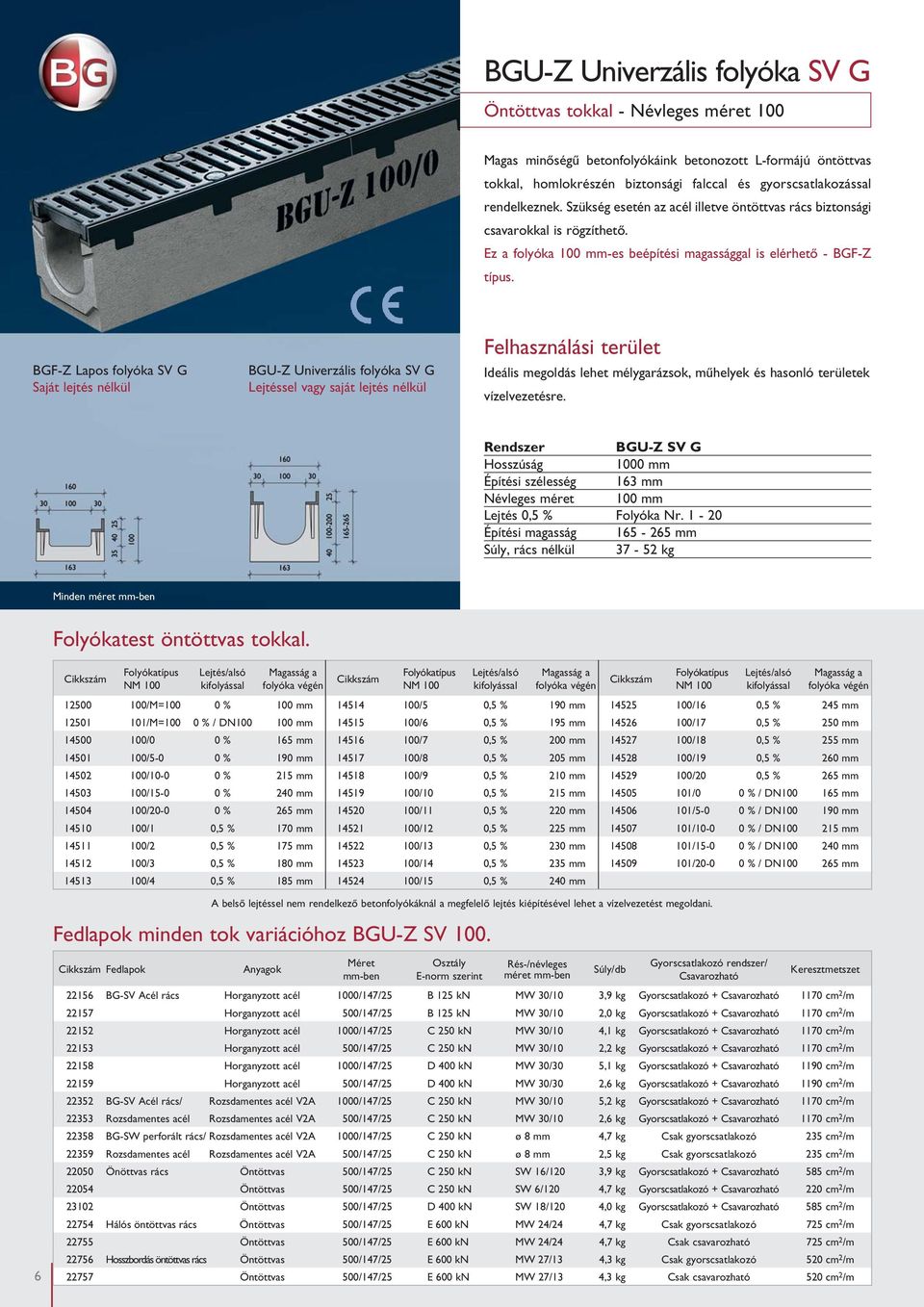 BGF-Z Lapos folyóka SV G Saját lejtés nélkül BGU-Z Univerzális folyóka SV G Lejtéssel vagy saját lejtés nélkül Ideális megoldás lehet mélygarázsok, műhelyek és hasonló területek vízelvezetésre.