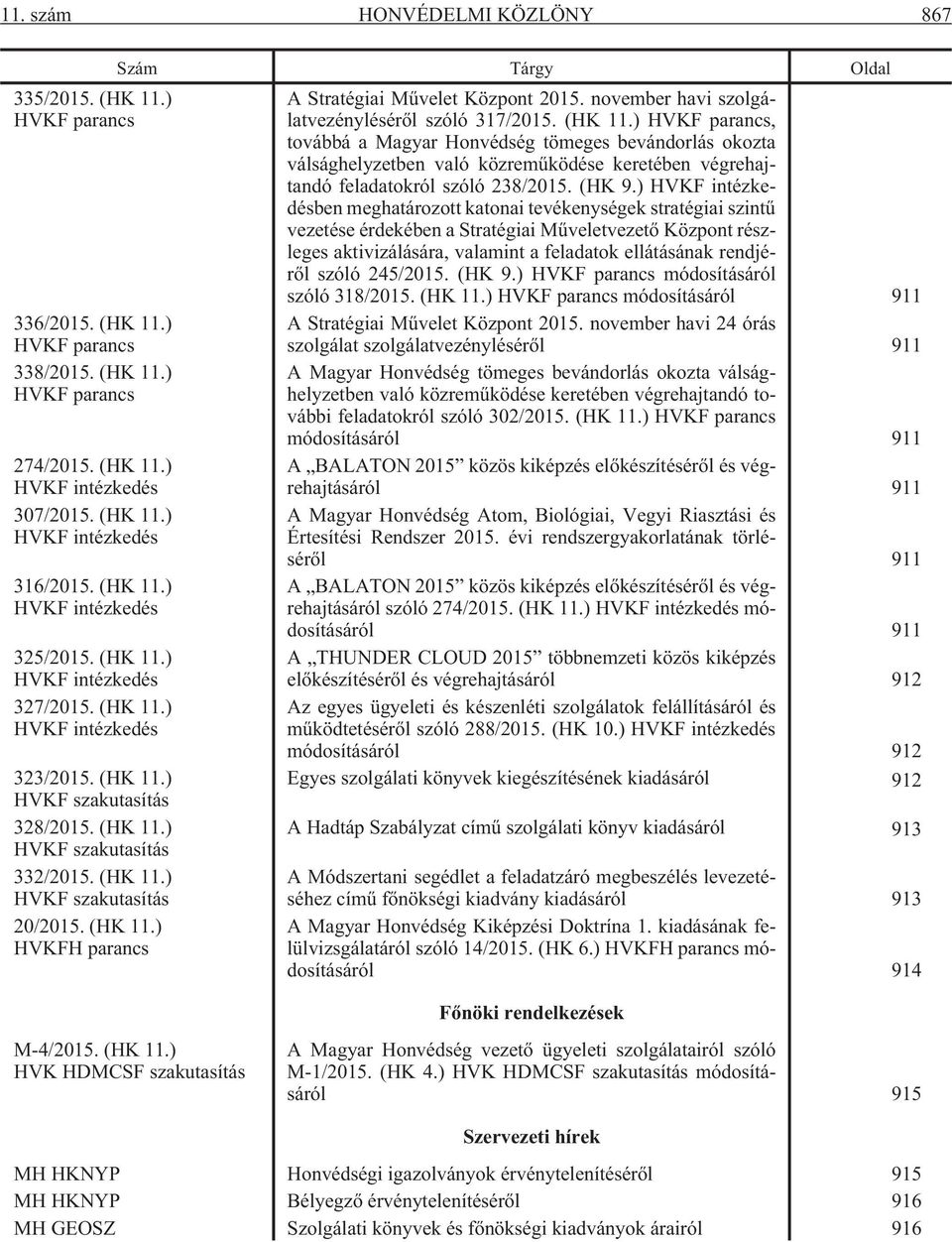 (HK 11.) HVKFH parancs Szám Tárgy Oldal A Stratégiai Mûvelet Központ 2015. november havi szolgálatvezénylésérõl szóló 317/2015. (HK 11.