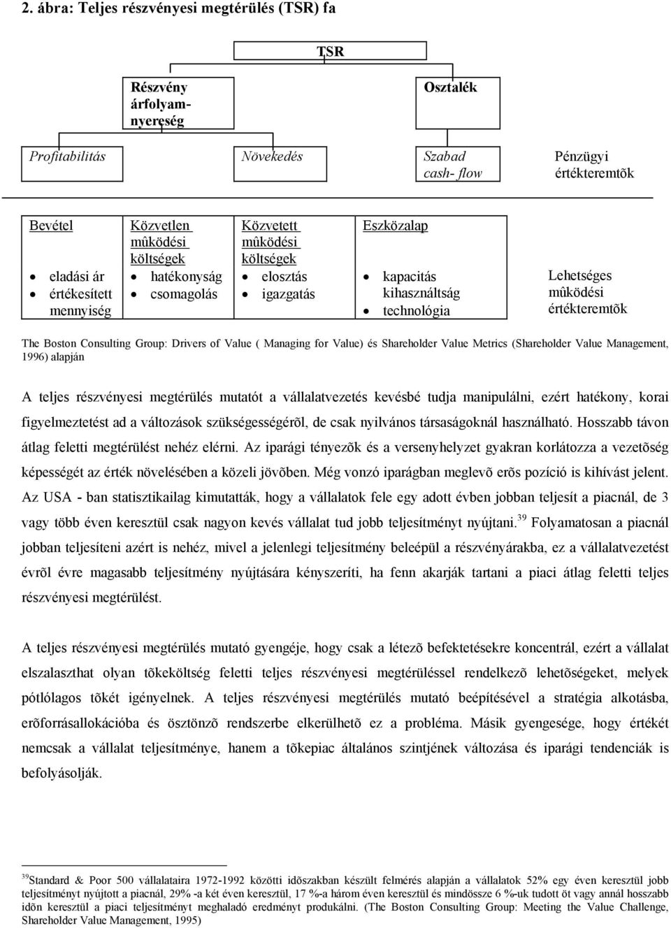 Consulting Group: Drivers of Value ( Managing for Value) és Shareholder Value Metrics (Shareholder Value Management, 1996) alapján A teljes részvényesi megtérülés mutatót a vállalatvezetés kevésbé