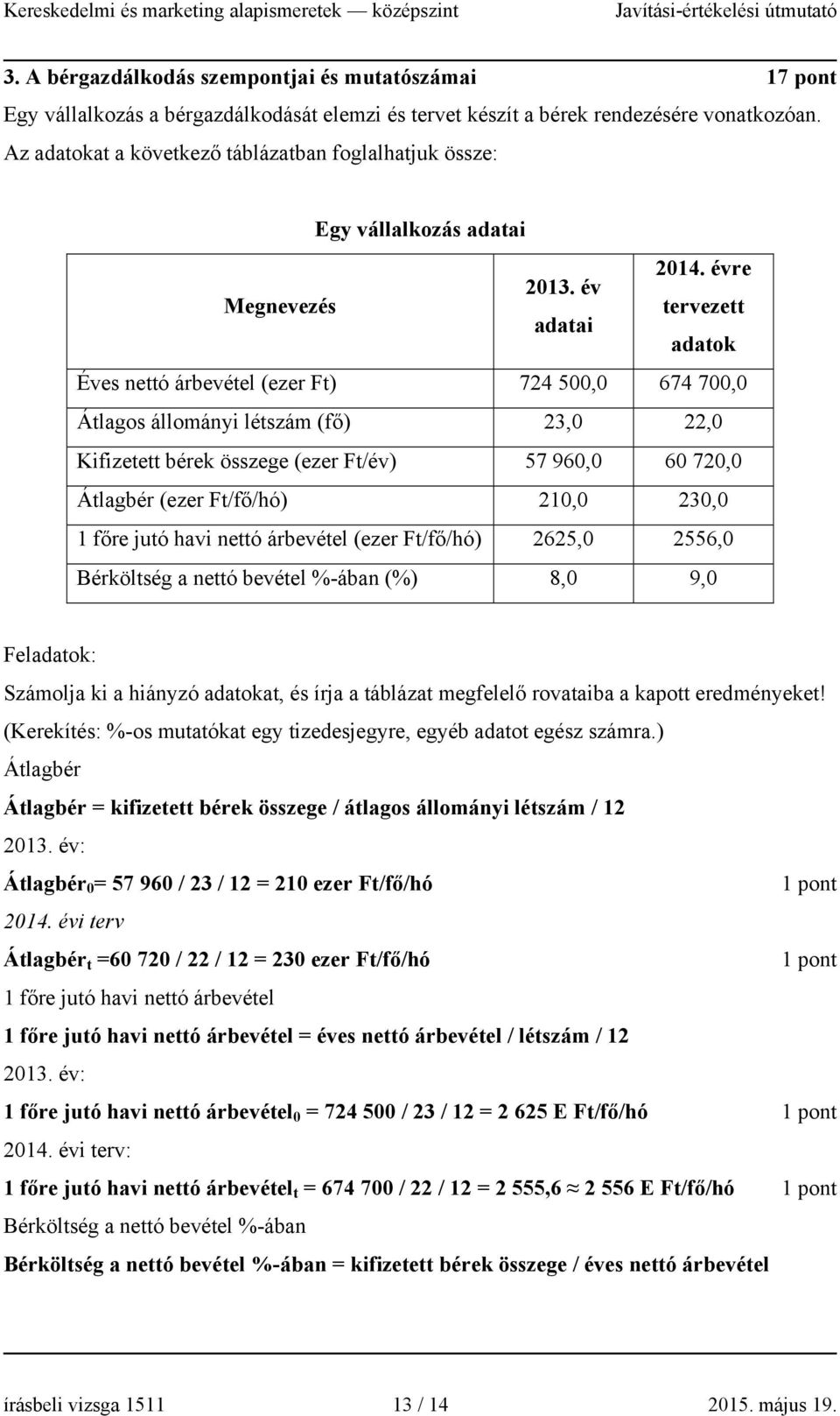 év tervezett adatai adatok Éves nettó árbevétel (ezer Ft) 724 500,0 674 700,0 Átlagos állományi létszám (fő) 23,0 22,0 Kifizetett bérek összege (ezer Ft/év) 57 960,0 60 720,0 Átlagbér (ezer Ft/fő/hó)