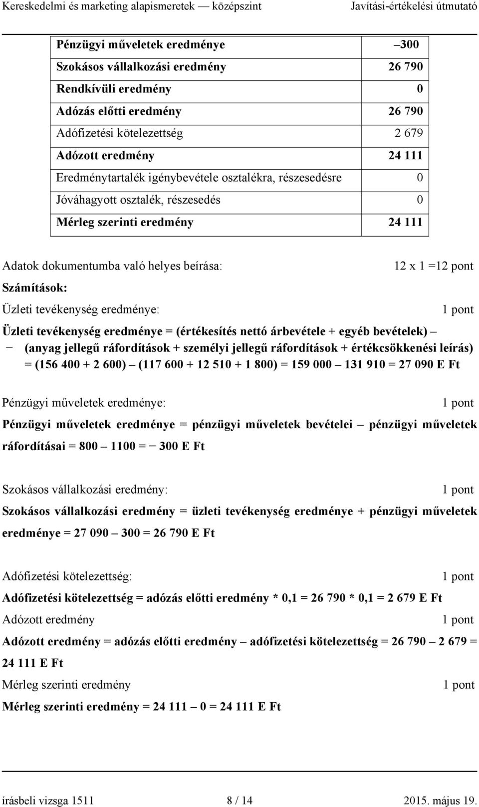 =12 pont Üzleti tevékenység eredménye = (értékesítés nettó árbevétele + egyéb bevételek) (anyag jellegű ráfordítások + személyi jellegű ráfordítások + értékcsökkenési leírás) = (156 400 + 2 600) (117