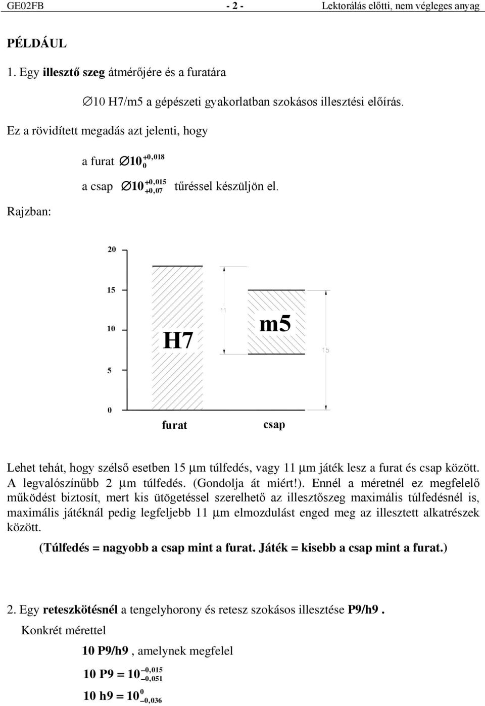 Rajzban: 2 15 1 5 H7 m5 furat csap Lehet tehát, hogy szélső esetben 15 µm túlfedés, vagy 11 µm játék lesz a furat és csap között. A legvalószínűbb 2 µm túlfedés. (Gondolja át miért!).