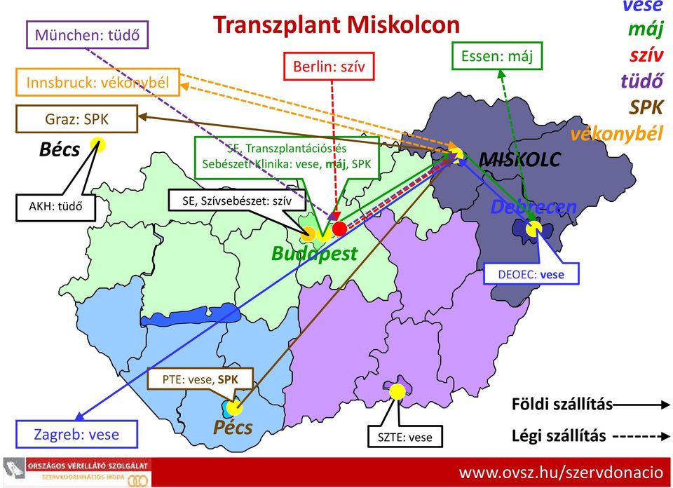 tüdő SPK vékonybél AKH: tüdő SE, Szívsebészet: szív Debrecen Budapest DEOEC: vese PTE: