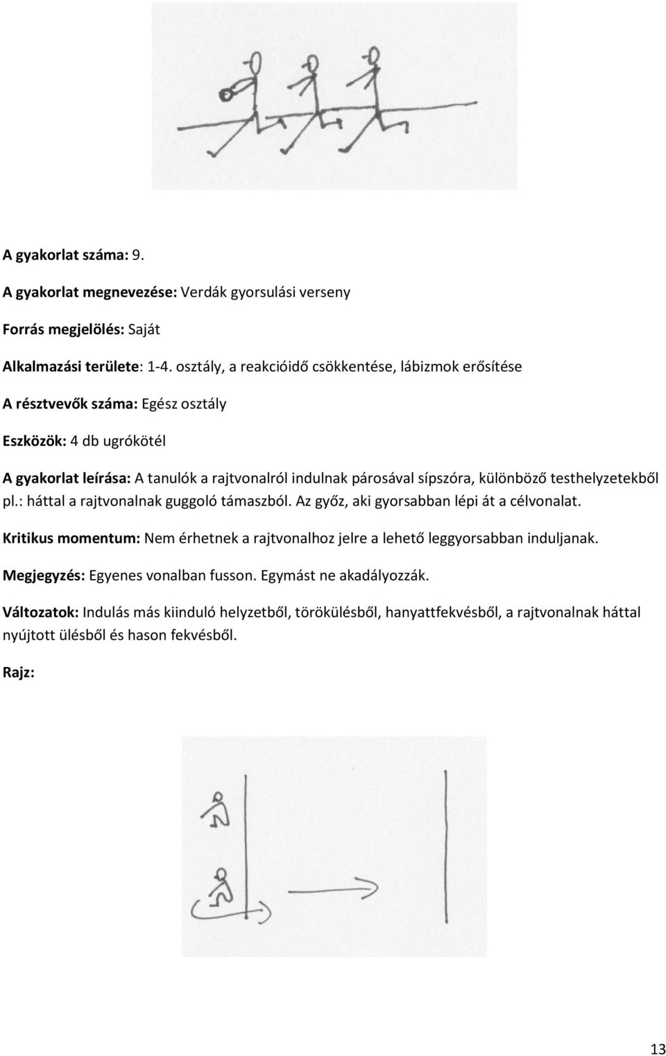 testhelyzetekből pl.: háttal a rajtvonalnak guggoló támaszból. Az győz, aki gyorsabban lépi át a célvonalat.