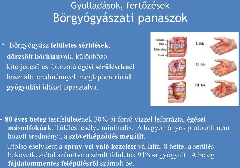 - 80 éves beteg testfelületének 30%-át forró vízzel leforrázta, égései másodfokúak. Túlélési esélye minimális.