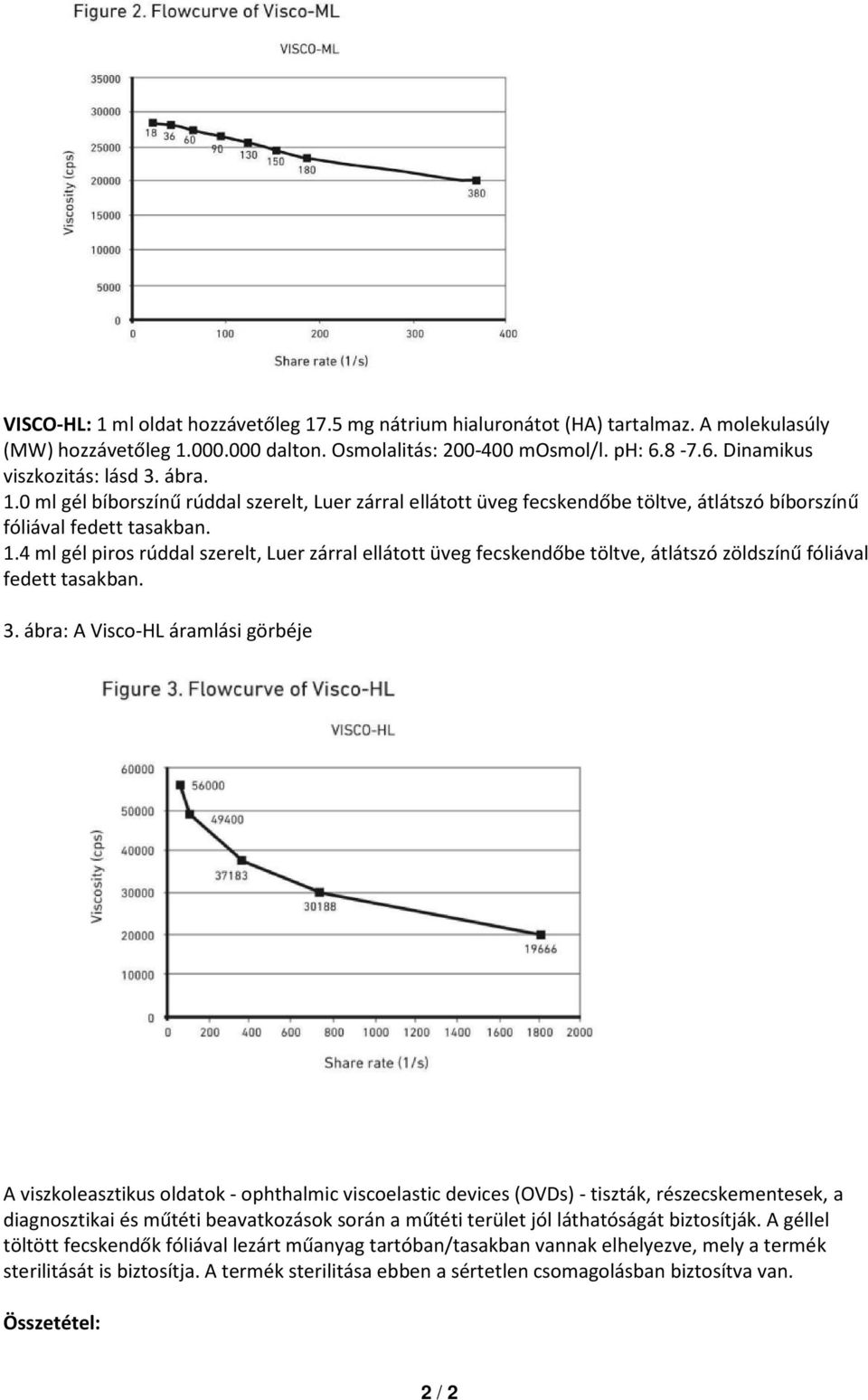 3. ábra: A Visco-HL áramlási görbéje A viszkoleasztikus oldatok - ophthalmic viscoelastic devices (OVDs) - tiszták, részecskementesek, a diagnosztikai és műtéti beavatkozások során a műtéti terület