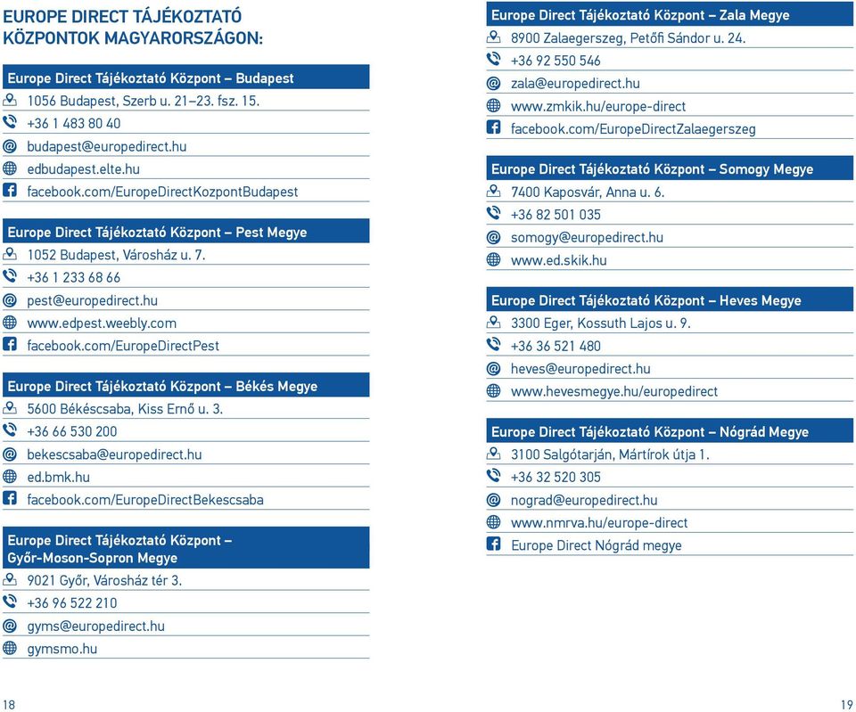 com/europedirectpest Europe Direct Tájékoztató Központ Békés Megye 5600 Békéscsaba, Kiss Ernő u. 3. +36 66 530 200 bekescsaba@europedirect.hu ed.bmk.hu facebook.