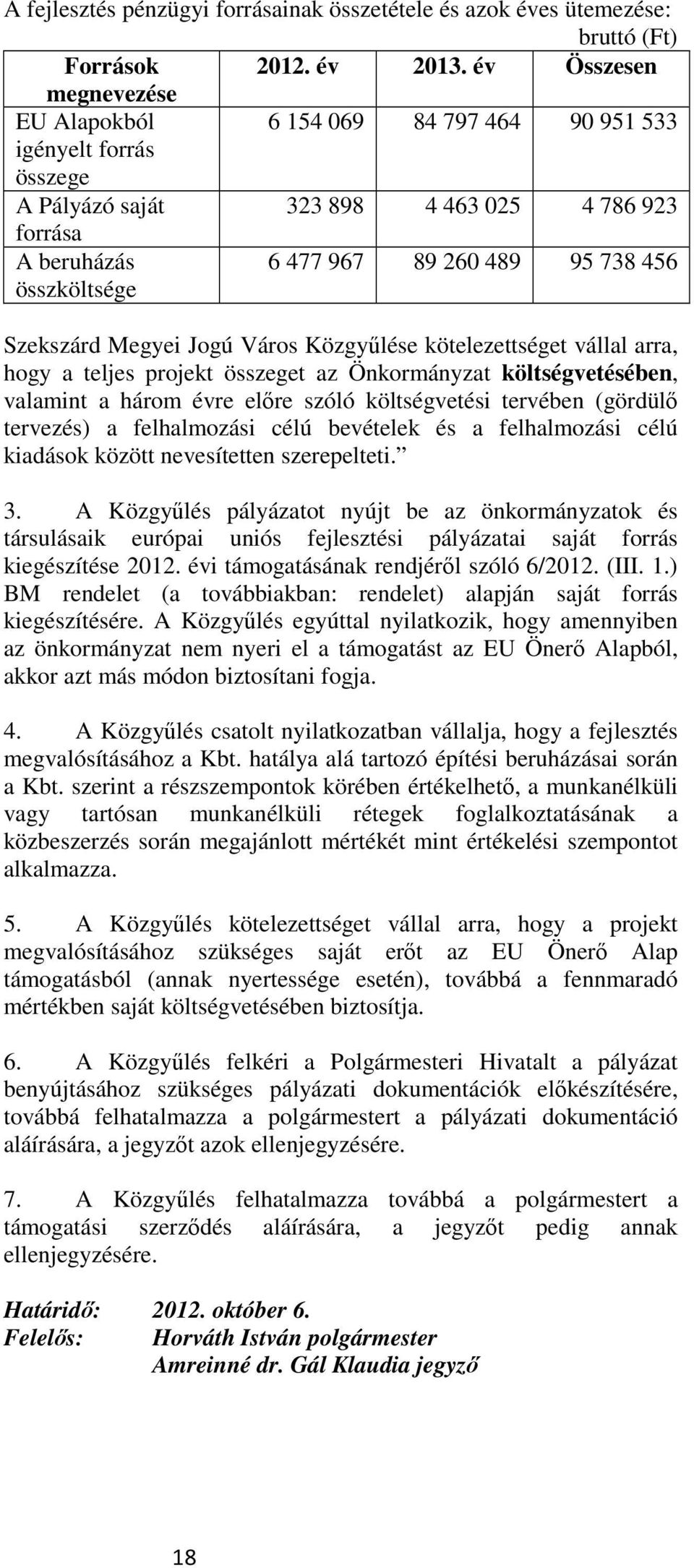 456 Szekszárd Megyei Jogú Város Közgyőlése kötelezettséget vállal arra, hogy a teljes projekt összeget az Önkormányzat költségvetésében, valamint a három évre elıre szóló költségvetési tervében