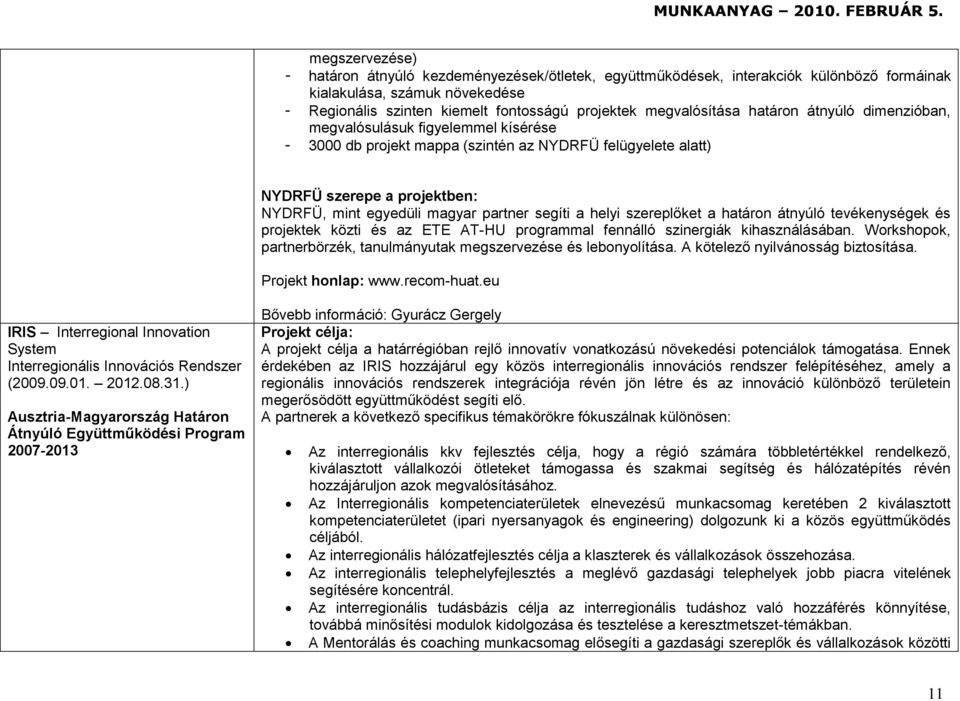 szereplőket a határon átnyúló tevékenységek és projektek közti és az ETE AT-HU programmal fennálló szinergiák kihasználásában. Workshopok, partnerbörzék, tanulmányutak megszervezése és lebonyolítása.