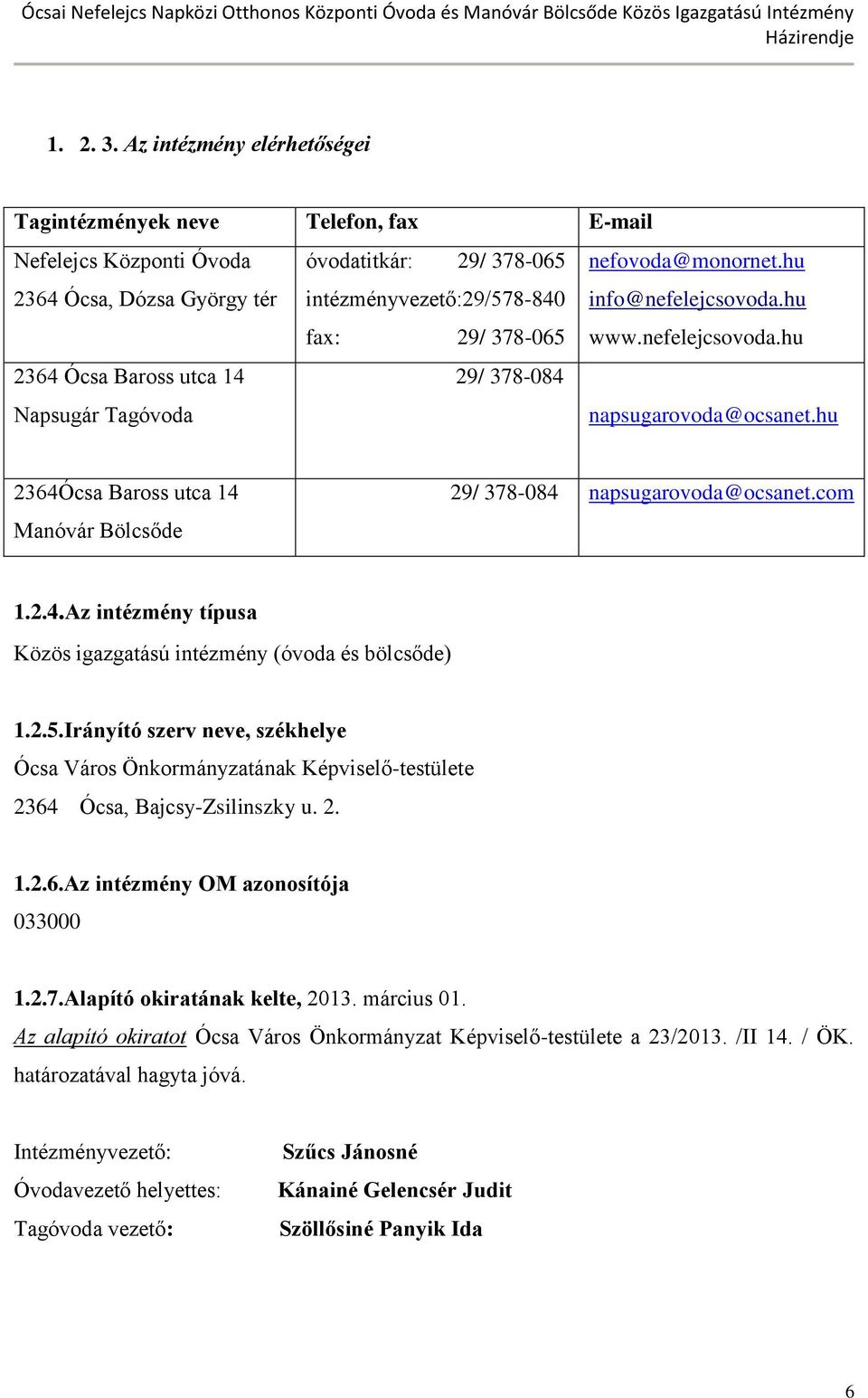 hu 2364Ócsa Baross utca 14 Manóvár Bölcsőde 29/ 378-084 napsugarovoda@ocsanet.com 1.2.4.Az intézmény típusa Közös igazgatású intézmény (óvoda és bölcsőde) 1.2.5.