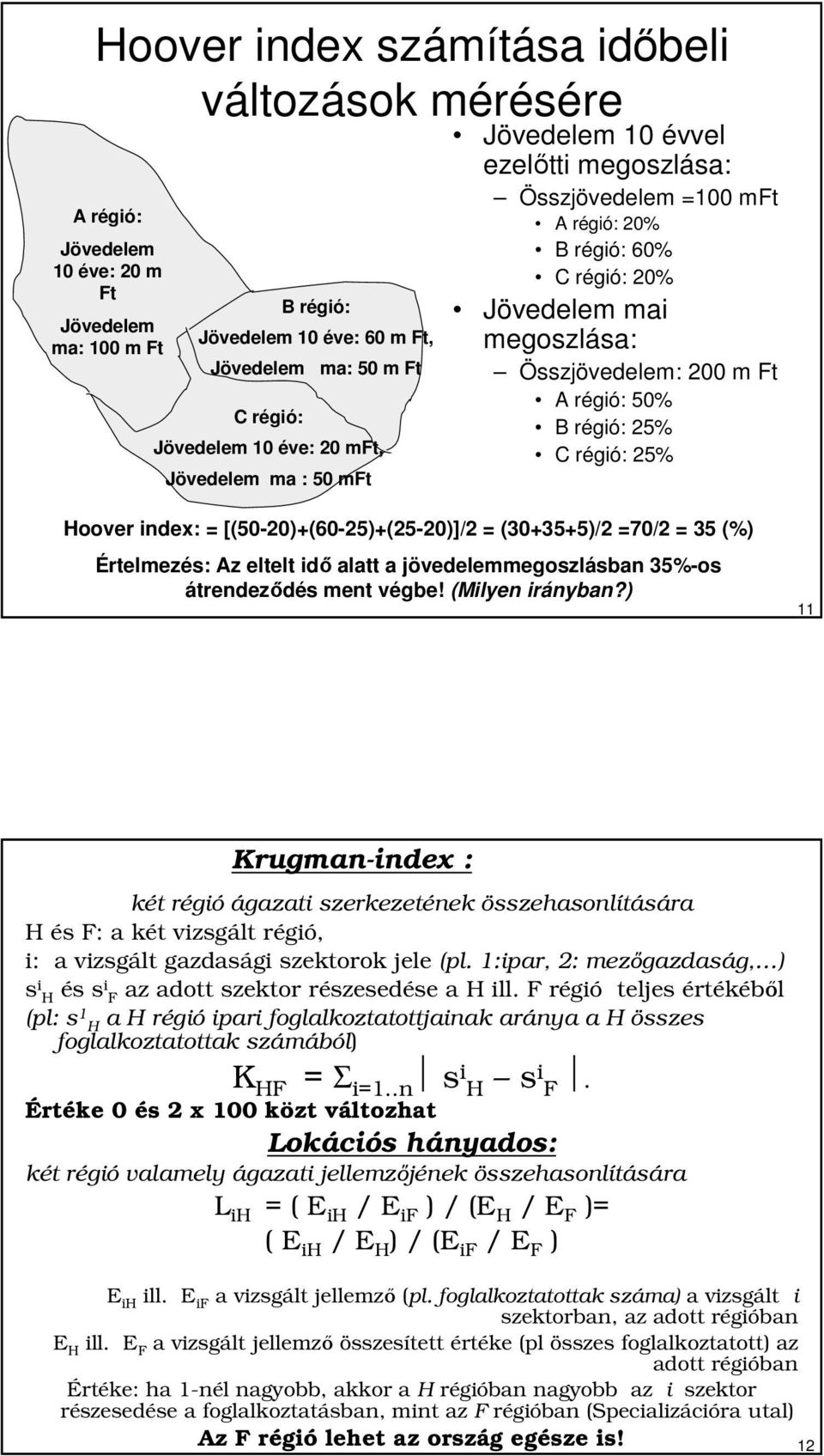 25% C régió: 25% Hoover index: = [(50-20)+(60-25)+(25-20)]/2 = (30+35+5)/2 =70/2 = 35 (%) Értelmezés: Az eltelt idı alatt a jövedelemmegoszlásban 35%-os átrendezıdés ment végbe! (Milyen irányban?