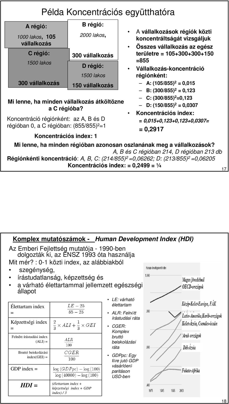 Koncentráció régiónként: az A, B és D régióban 0, a C régióban: (855/855) 2 =1 Koncentrációs index: 1 A vállalkozások régiók közti koncentráltságát vizsgáljuk Összes vállalkozás az egész területre =