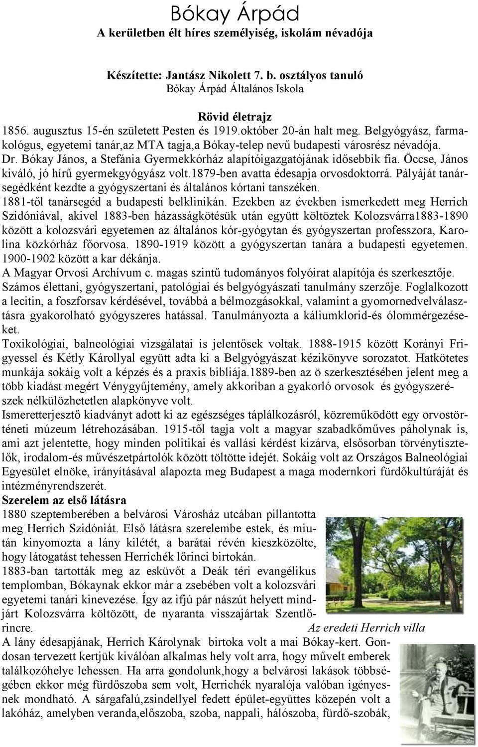 Bókay János, a Stefánia Gyermekkórház alapítóigazgatójának idősebbik fia. Öccse, János kiváló, jó hírű gyermekgyógyász volt.1879-ben avatta édesapja orvosdoktorrá.