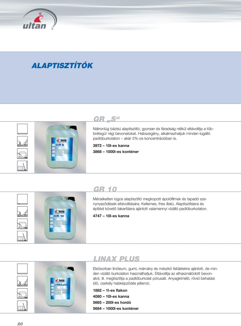 3972 10l-es kanna 3868 1000l-es konténer GR 10 Mérsékelten lúgos alaptisztító megkopott ápolófilmek és tapadó szenynyezõdések eltávolítására. Kellemes, friss illatú.