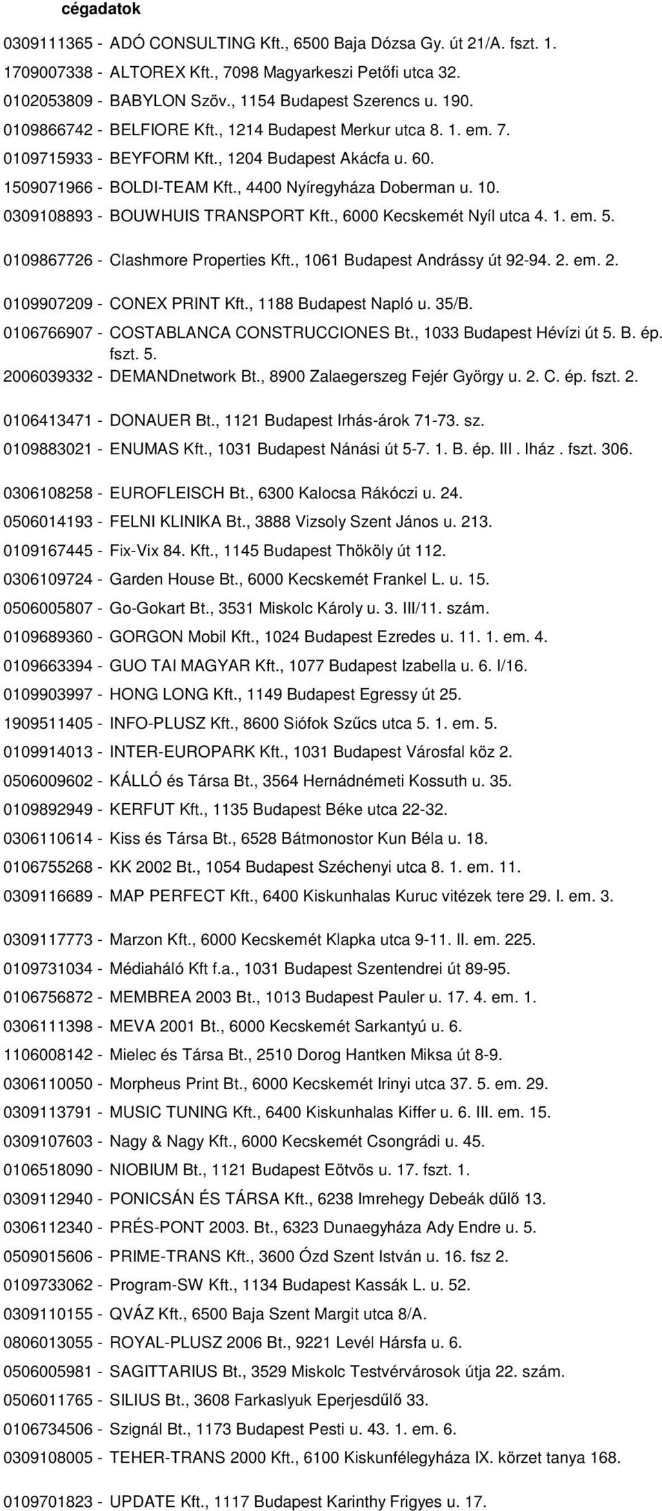 0309108893 - BOUWHUIS TRANSPORT Kft., 6000 Kecskemét Nyíl utca 4. 1. em. 5. 0109867726 - Clashmore Properties Kft., 1061 Budapest Andrássy út 92-94. 2. em. 2. 0109907209 - CONEX PRINT Kft.