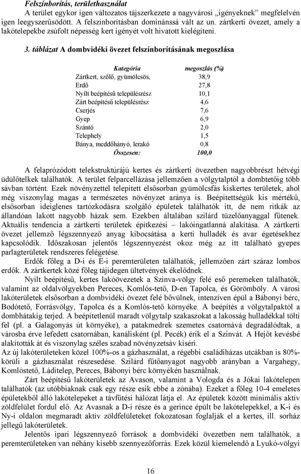 táblázat A dombvidéki övezet felszínborításának megoszlása Kategória megoszlás (%) Zártkert, szőlő, gyümölcsös, 38,9 Erdő 27,8 Nyílt beépítésű településrész 10,1 Zárt beépítésű településrész 4,6