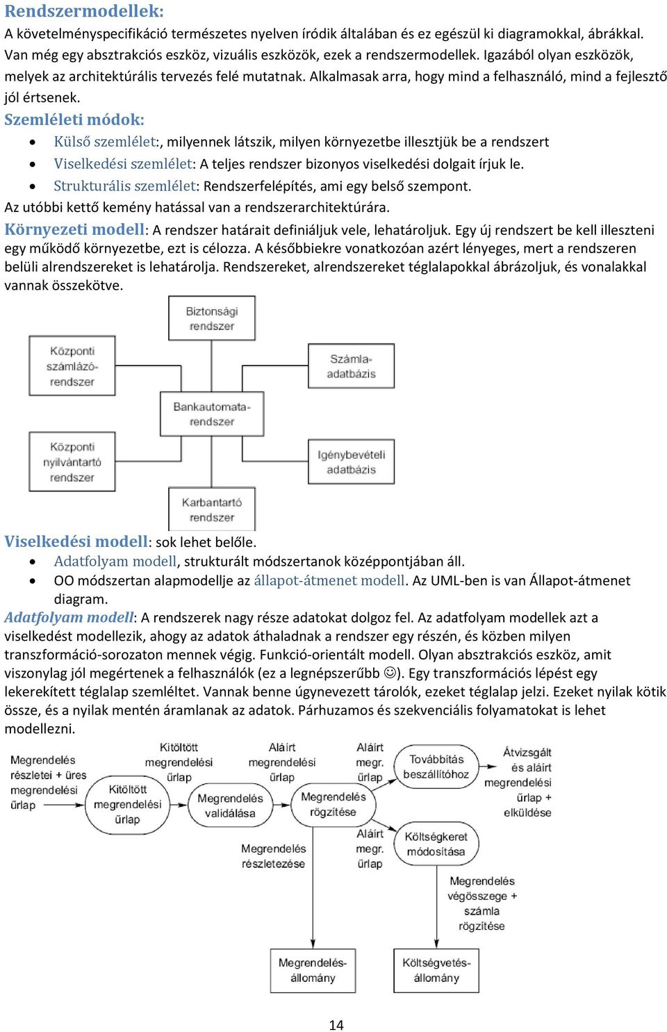 Szemléleti módok: Külső szemlélet:, milyennek látszik, milyen környezetbe illesztjük be a rendszert Viselkedési szemlélet: A teljes rendszer bizonyos viselkedési dolgait írjuk le.