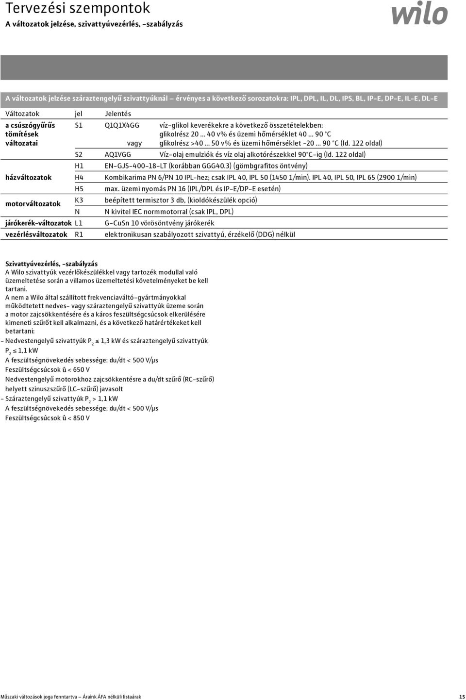 >40 50 v% és üzemi hőmérséklet -20 90 C (ld. 122 oldal) S2 AQ1VGG Víz-olaj emulziók és víz olaj alkotórészekkel 90 C-ig (ld. 122 oldal) H1 EN-GJS-400-18-LT (korábban GGG40.