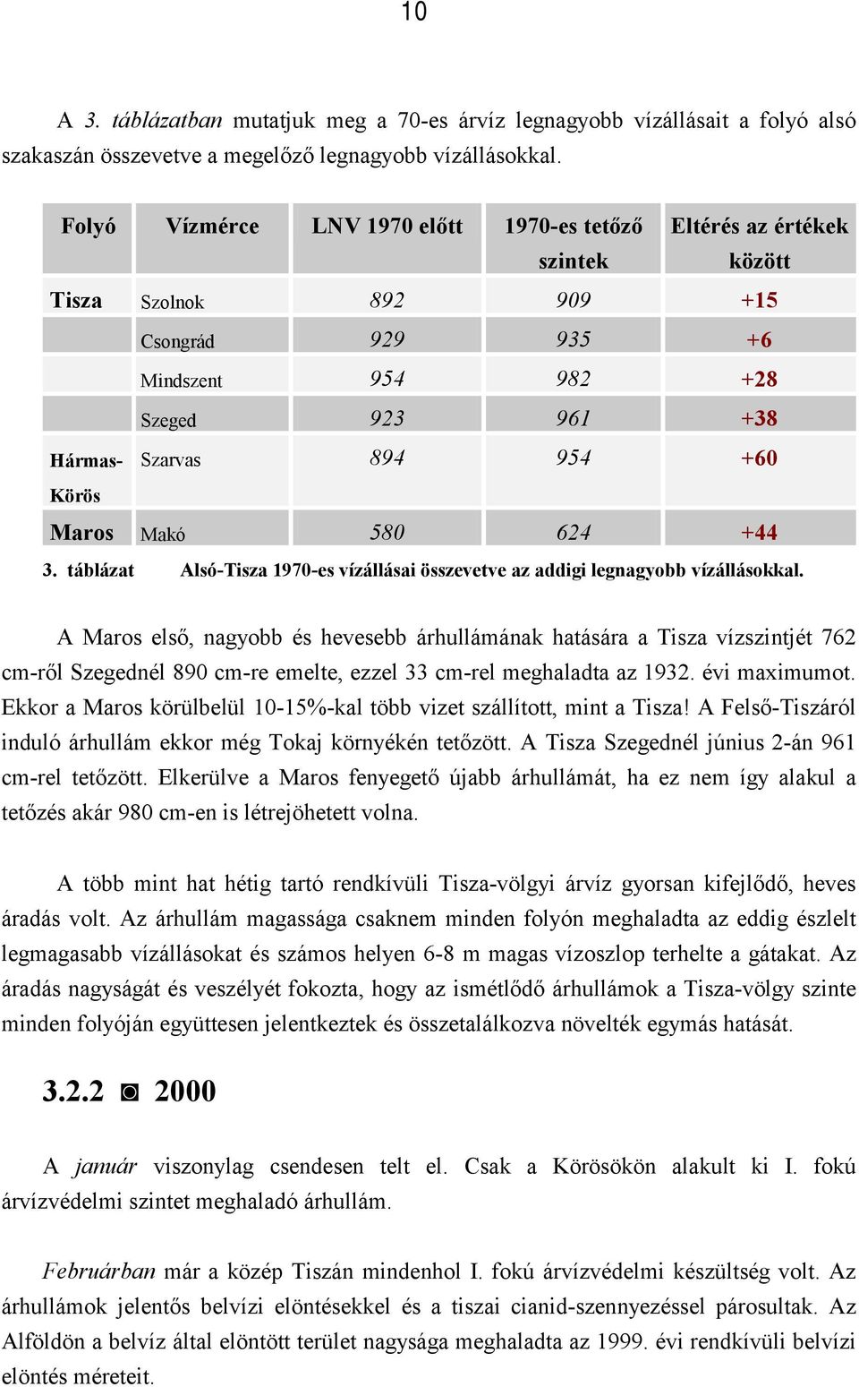 Maros Makó 580 624 +44 3. táblázat Alsó-Tisza 1970-es vízállásai összevetve az addigi legnagyobb vízállásokkal.