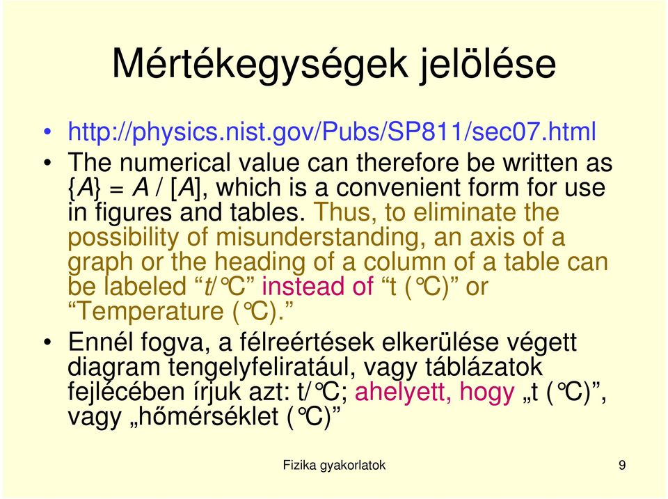 Thus, to eliminate the possibility of misunderstanding, an axis of a graph or the heading of a column of a table can be labeled t/ C