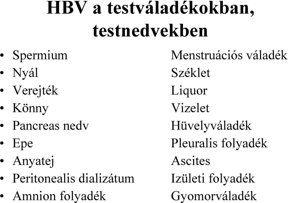 nedv Hüvelyváladék Epe Pleuralis folyadék Anyatej Ascites