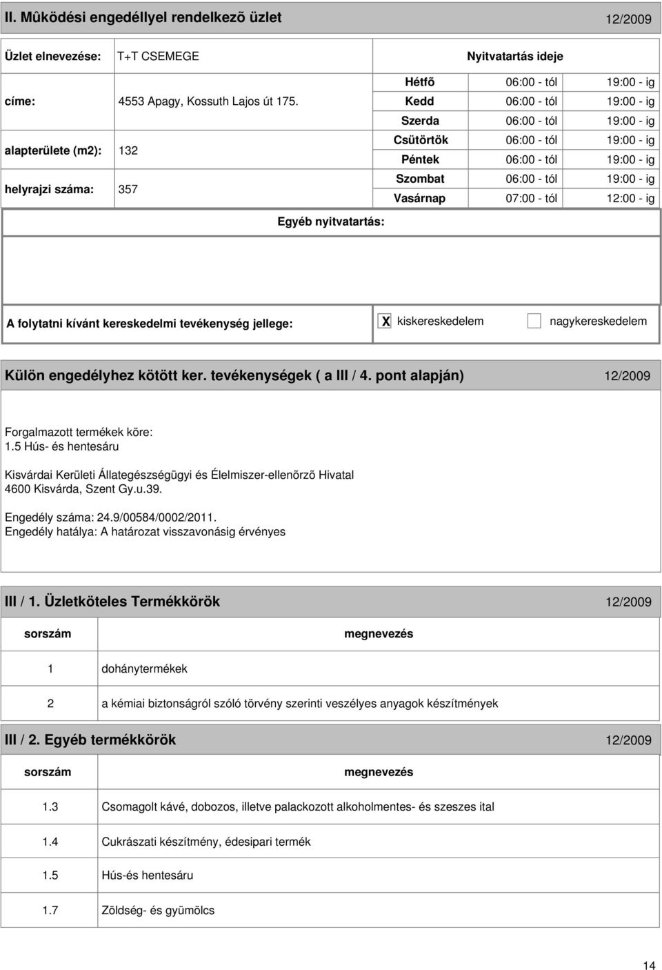 Külön engedélyhez kötött ker. tevékenységek ( a III / 4. pont alapján) 1/009 Forgalmazott termékek köre: 1.