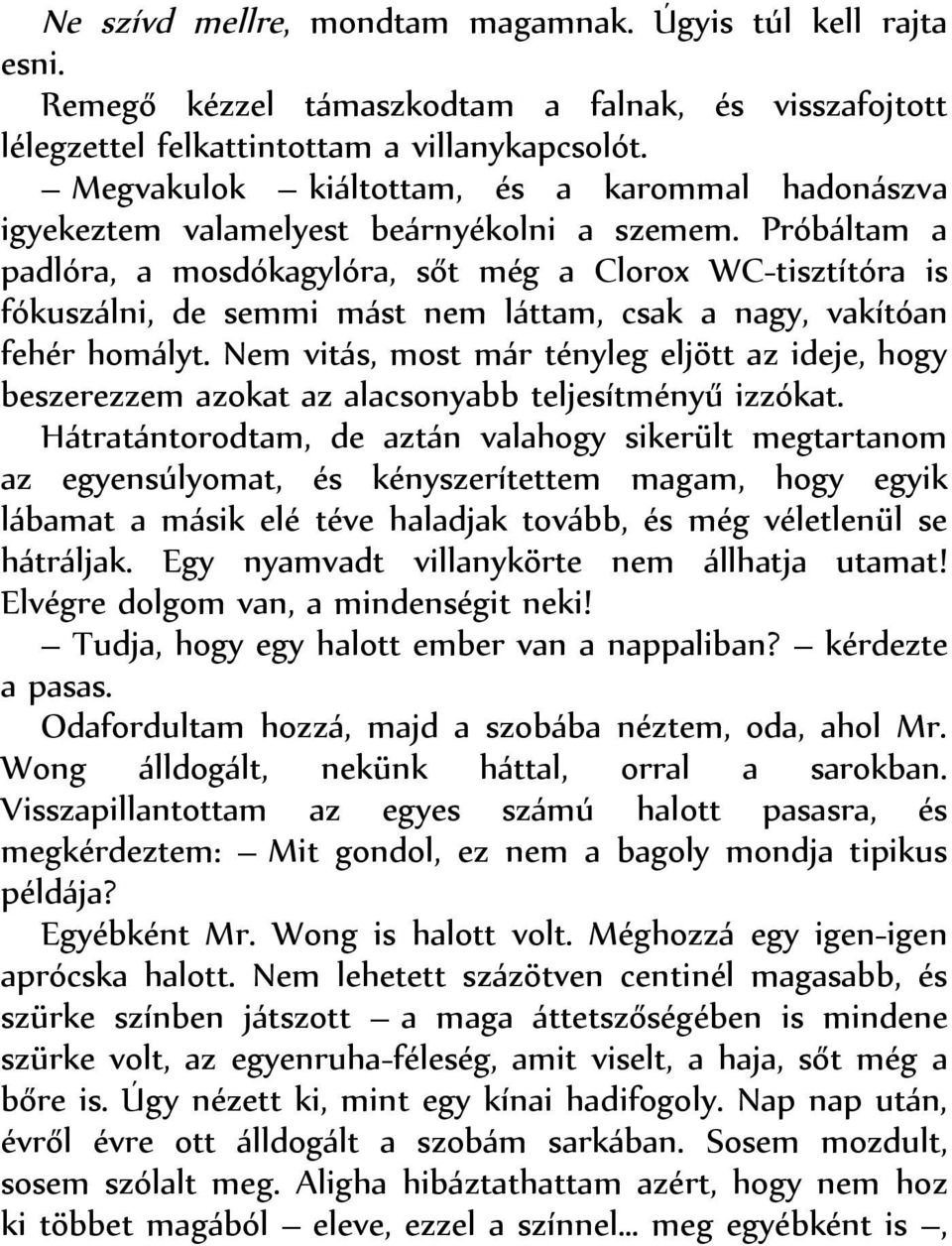 Próbáltam a padlóra, a mosdókagylóra, sőt még a Clorox WC-tisztítóra is fókuszálni, de semmi mást nem láttam, csak a nagy, vakítóan fehér homályt.