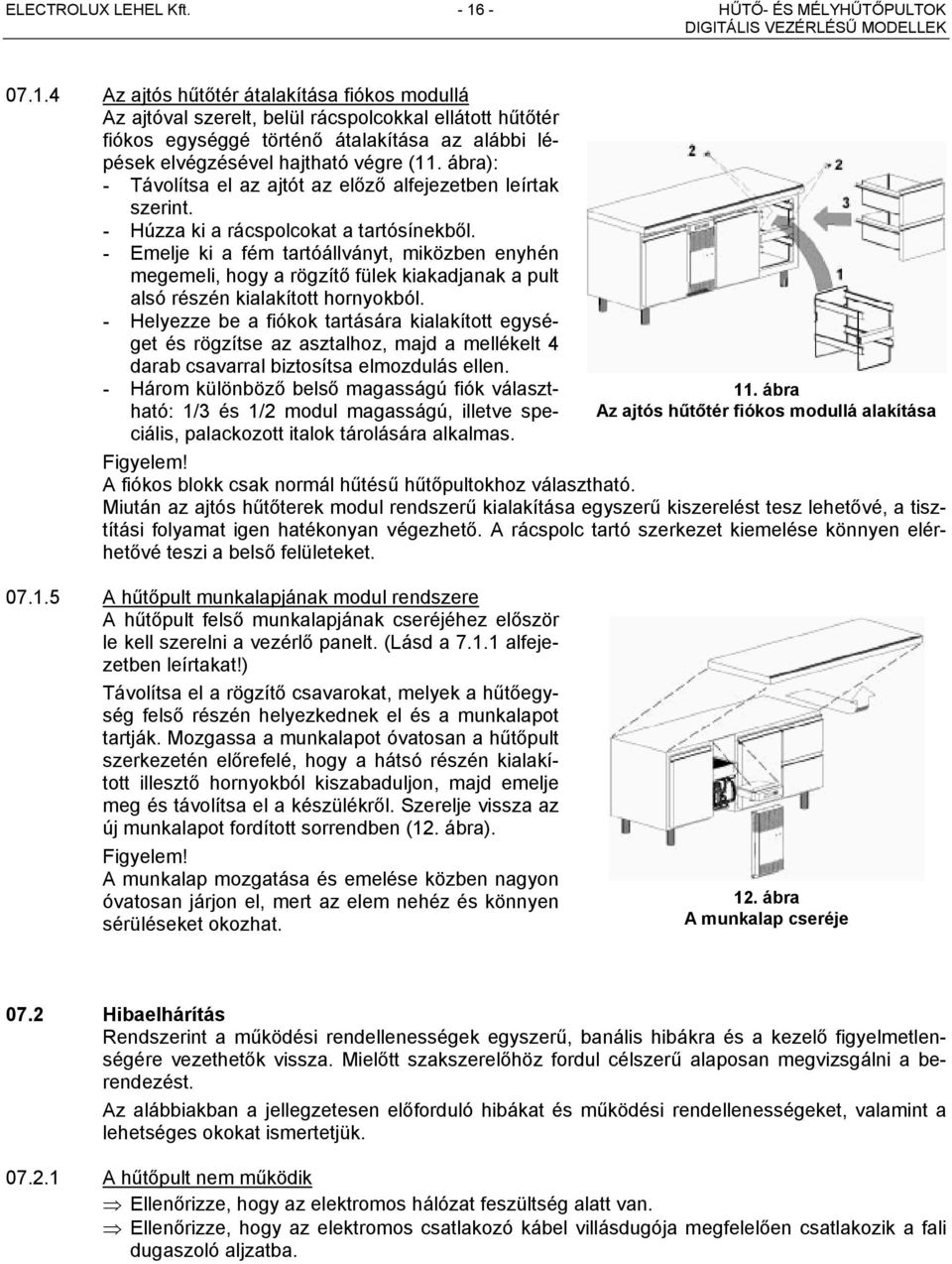 4 Az ajtós hűtőtér átalakítása fiókos modullá Az ajtóval szerelt, belül rácspolcokkal ellátott hűtőtér fiókos egységgé történő átalakítása az alábbi lépések elvégzésével hajtható végre (11.