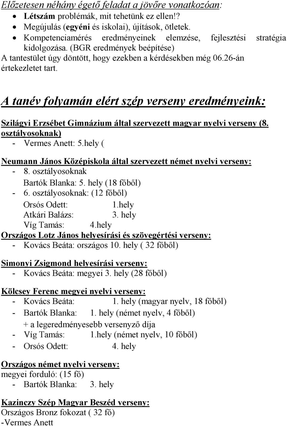 A tanév folyamán elért szép verseny eredményeink: Szilágyi Erzsébet Gimnázium által szervezett magyar nyelvi verseny (8. osztályosoknak) - Vermes Anett: 5.