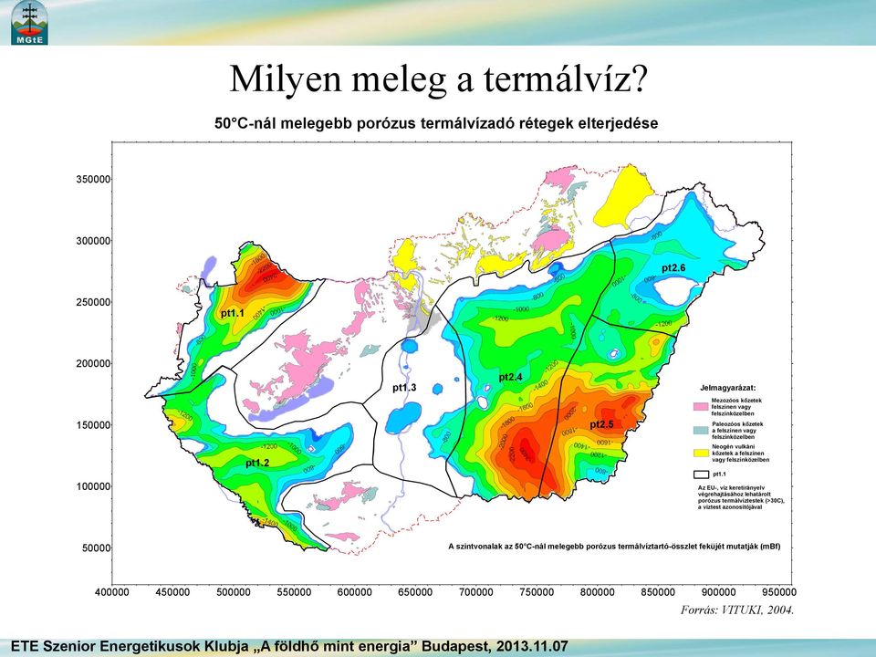 1 Az EU-, víz keretirányelv végrehajtásához lehatárolt porózus termálvíztestek (>30C), a víztest azonosítójával 50000 A szintvonalak az 50 C-nál melegebb porózus termálvíztartó-összlet