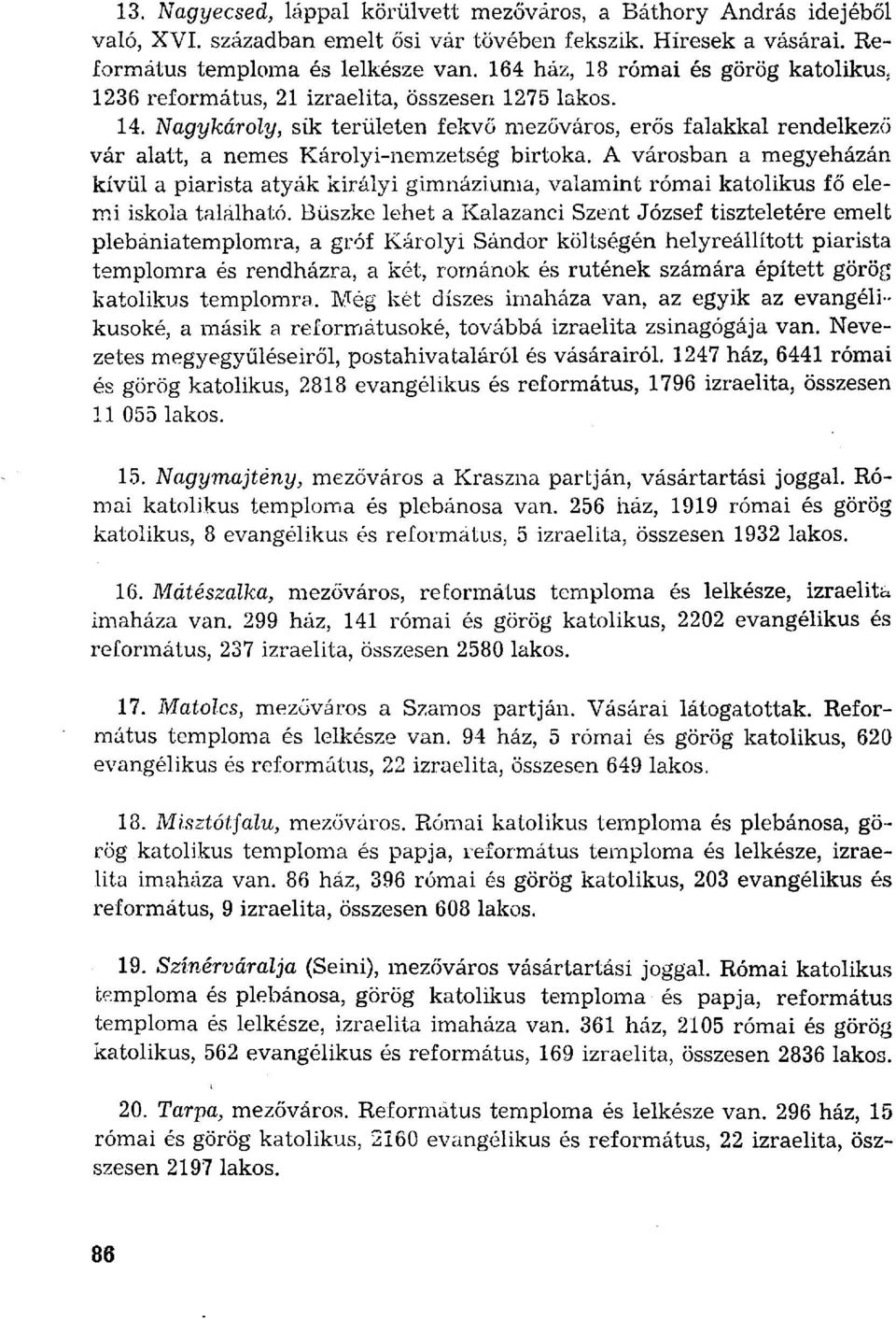 Nagykároly, sík területen fekvő mezőváros, erős falakkal rendelkező vár alatt, a nemes Károlyi-nemzetség birtoka.