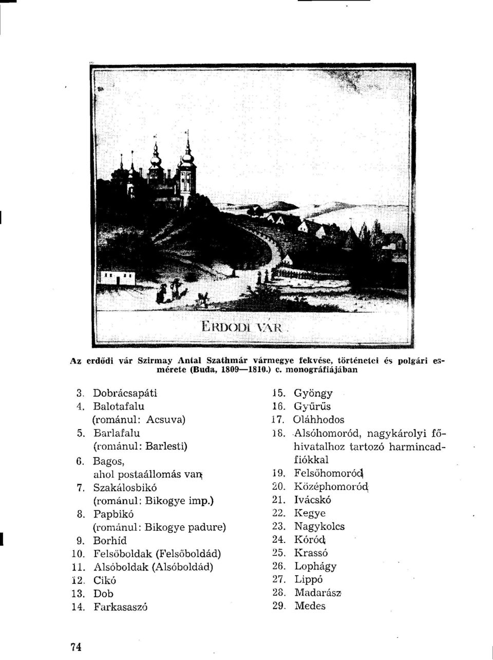 Papbikó (románul: Bikogye padure) 9. Borhíd 10. Felsőboldak (Felsőboldád) 11. Alsóboldak (Alsóboldád) 12. Cikó 13. Dob 14. Farkasaszó 15. Gyöngy 16. Gyűrűs 17.