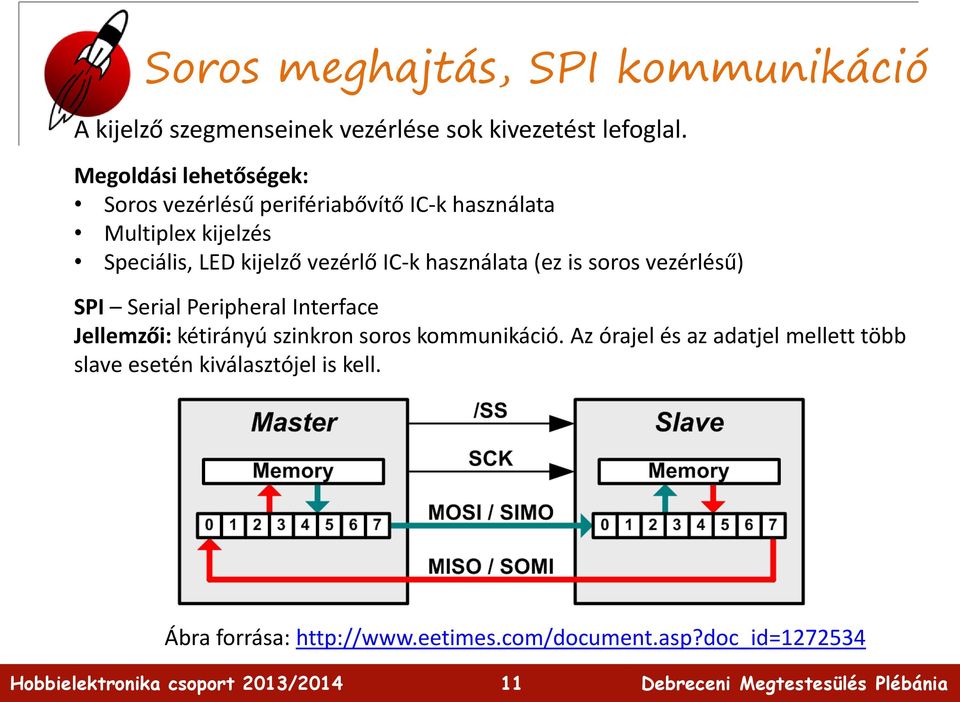 vezérlő IC-k használata (ez is soros vezérlésű) SPI Serial Peripheral Interface Jellemzői: kétirányú szinkron soros