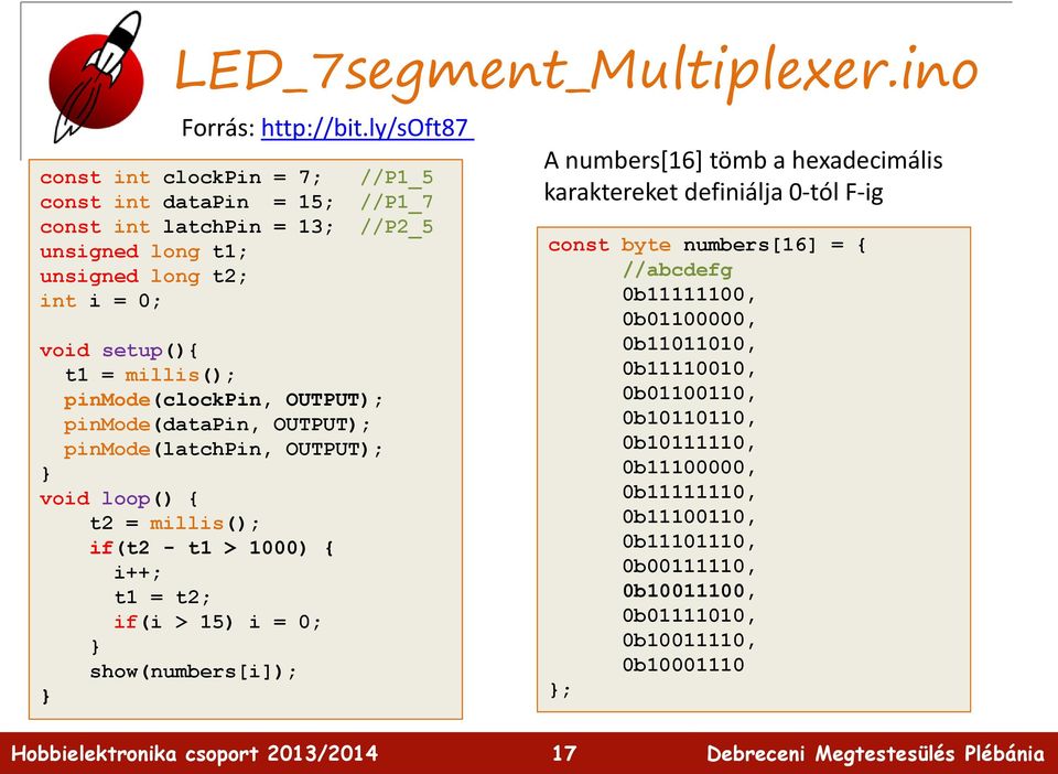 millis(); pinmode(clockpin, OUTPUT); pinmode(datapin, OUTPUT); pinmode(latchpin, OUTPUT); void loop() { t2 = millis(); if(t2 - t1 > 1000) { i++; t1 = t2; if(i > 15) i = 0;