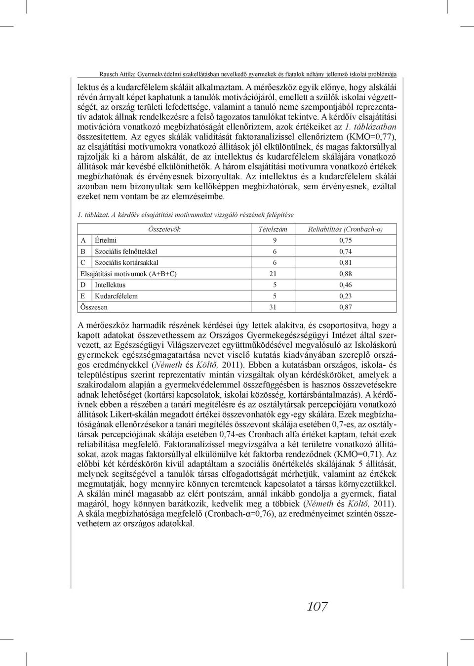 szempontjából reprezentatív adatok állnak rendelkezésre a felső tagozatos tanulókat tekintve. A kérdőív elsajátítási motivációra vonatkozó megbízhatóságát ellenőriztem, azok értékeiket az 1.