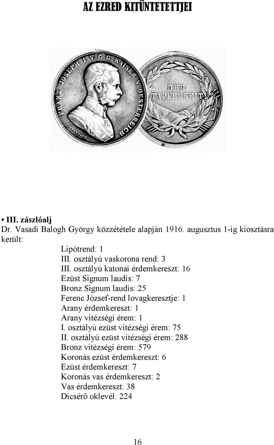 osztályú katonai érdemkereszt: 16 Ezüst Signum laudis: 7 Bronz Signum laudis: 25 Ferenc József-rend lovagkeresztje: 1 Arany érdemkereszt: 1