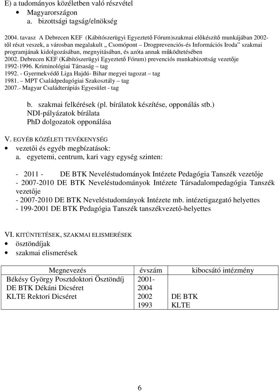 kidolgozásában, megnyitásában, és azóta annak mőködtetésében 2002. Debrecen KEF (Kábítószerügyi Egyeztetı Fórum) prevenciós munkabizottság vezetıje 1992-1996. Kriminológiai Társaság tag 1992.