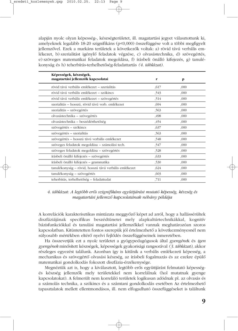 Ezek a markáns területek a következõk voltak: a) rövid távú verbális emlékezet, b) szerialitást igénylõ feladatok végzése, c) olvasástechnika, d) szövegértés, e) szöveges matematikai feladatok