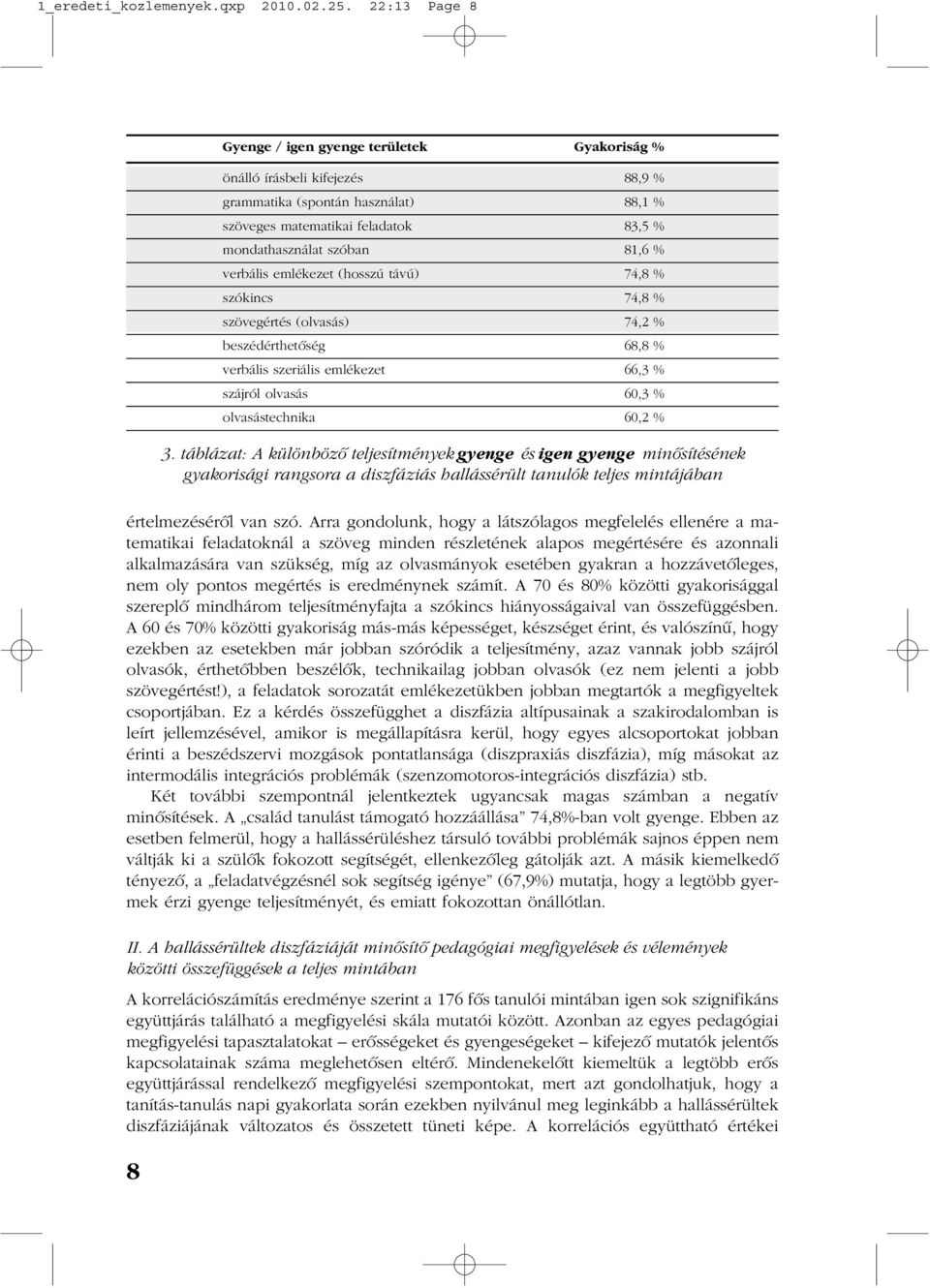 verbális emlékezet (hosszú távú) 74,8 % szókincs 74,8 % szövegértés (olvasás) 74,2 % beszédérthetõség 68,8 % verbális szeriális emlékezet 66,3 % szájról olvasás 60,3 % olvasástechnika 60,2 % 3.