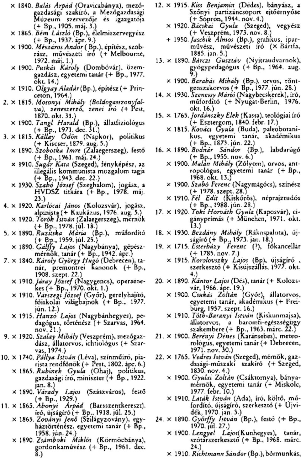 OlgyayAladár(Bp.),építész(+ Princeton, 1964.) 2. x 1815. Mosonyi Mihály (Boldogasszonyfalva), zeneszerző, zenei író (+ Pest, 1870. okt. 31.) x 1900. Tangl Harald (Bp.), állatfiziológus (4- Bp., 1971.