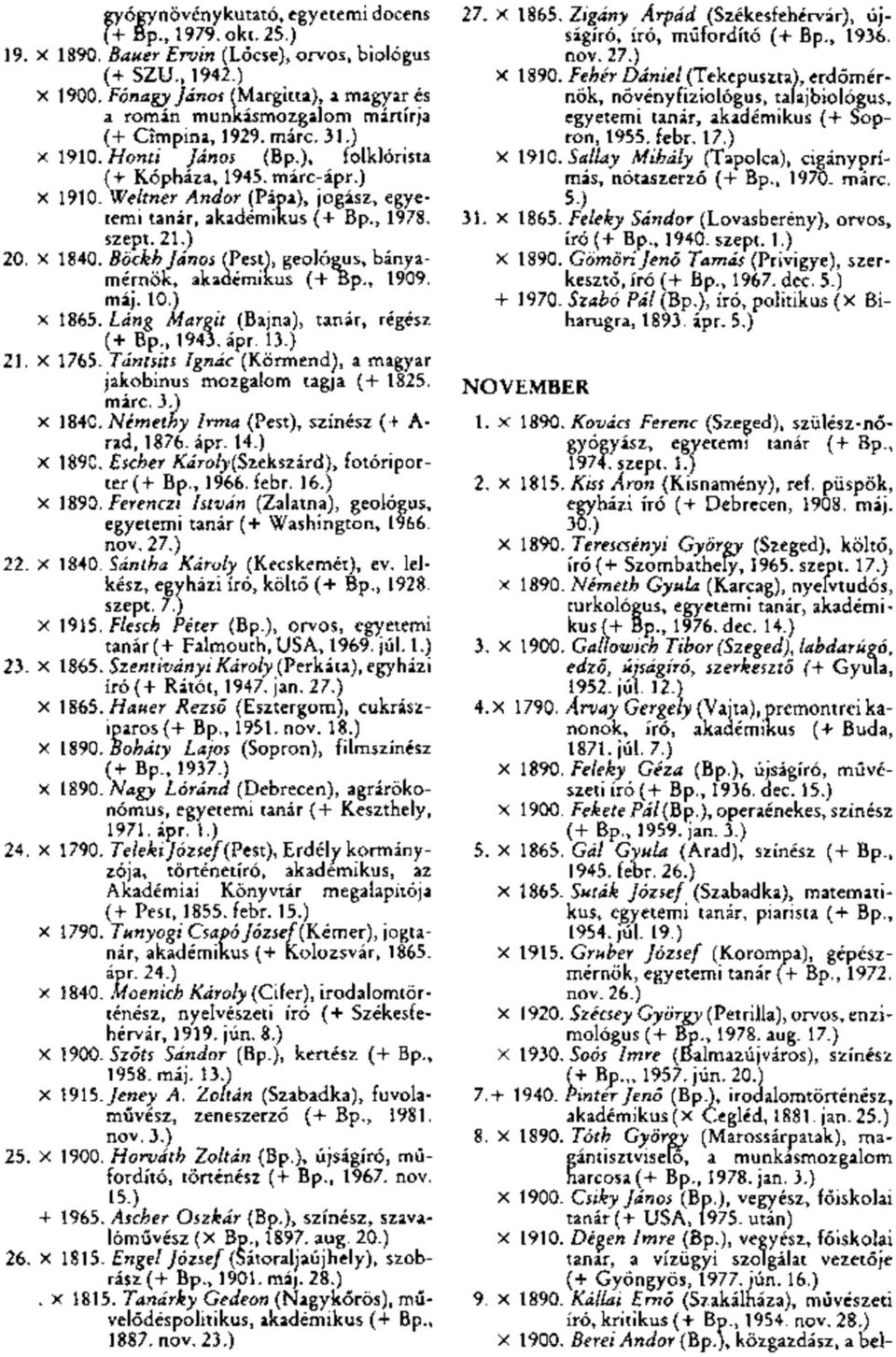 Weltner Andor (Pápa), jogász, egyetemi tanár, akadémikus (+ Bp., 1978. szept. 21.) 20. x 1840. Böckh János (Pest"), geológus, bányamérnök, akadémikus (+Bp., 1909. máj. 10.) x 1865.