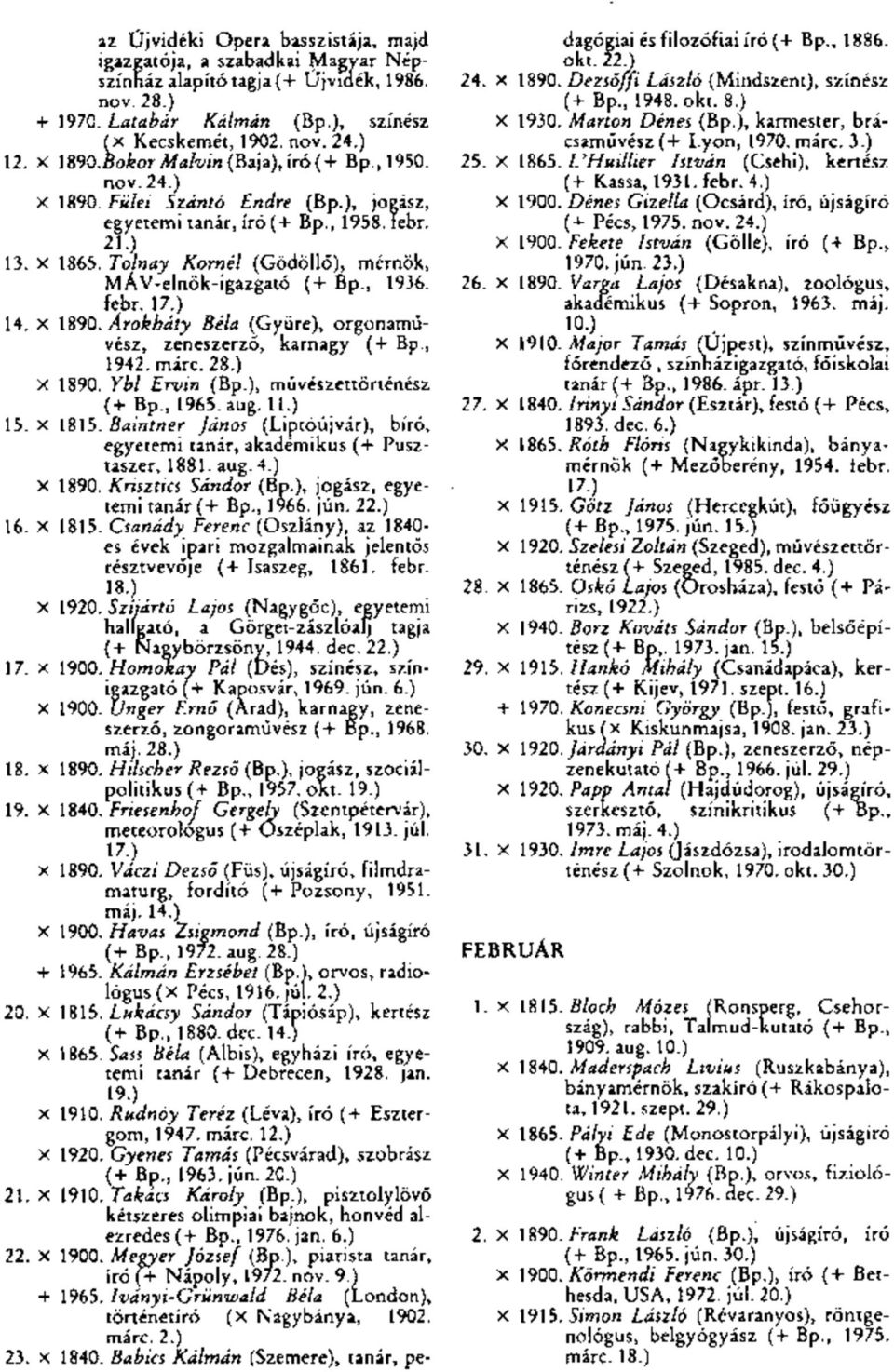 Tolnay Kornél (Gödöllő), mérnök, MÁV-elnök-igazgató (+ Bp., 1936. febr. 17.) 14. X 1890. j4rokháty Béla (Gyüre), orgonaművész, zeneszerző, karnagy (+ Bp., 1942. márc.28.) x 1890. Ybl Ervin (Bp.