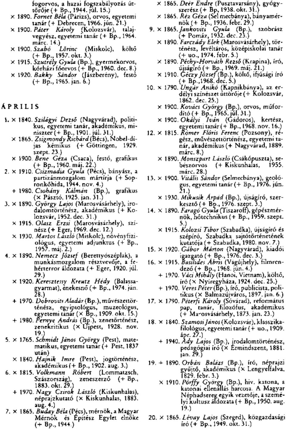 ), gyermekorvos, kórházi főorvos (+ Bp., 1960. dec. 8.) x 1920. Bakky Sándor (Jászberény), festő (+ Bp., 1965. jan. 6.) ÁPRILIS 1. x 1840.