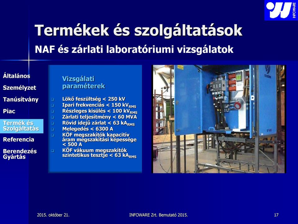 teljesítmény < 60 MVA Rövid idejű zárlat < 63 ka RMS Melegedés < 6300 A KÖF megszakítók