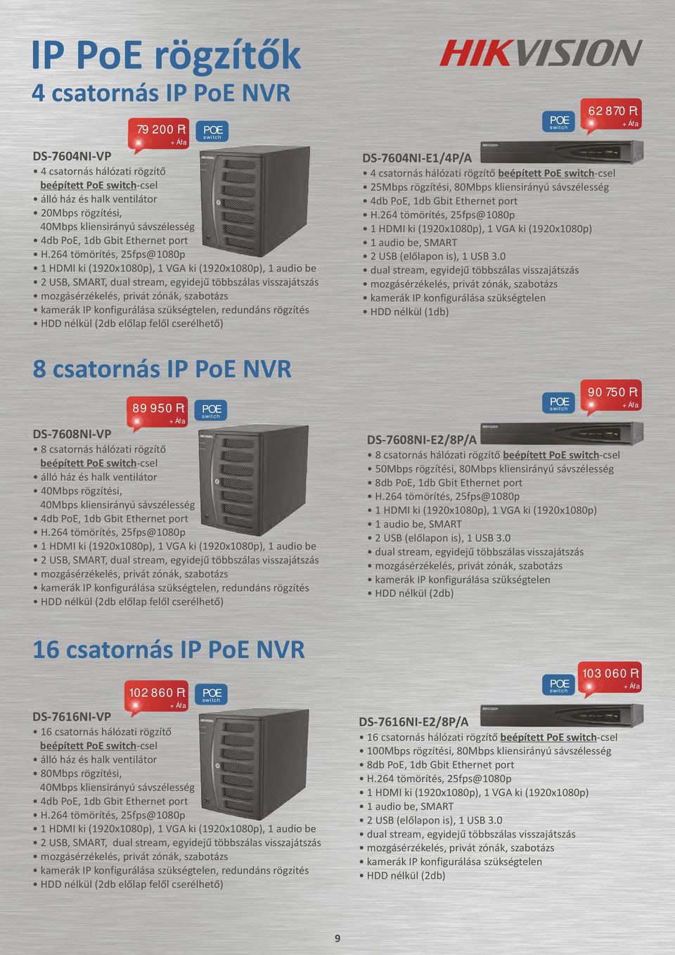 264 tömörítés, 25fps@ 1 HDMI ki (1920x), 1 VGA ki (1920x), 1 audio be 2 USB, SMART, dual stream, egyidejû többszálas visszajátszás kamerák IP konfigurálása szükségtelen, redundáns rögzítés HDD nélkül