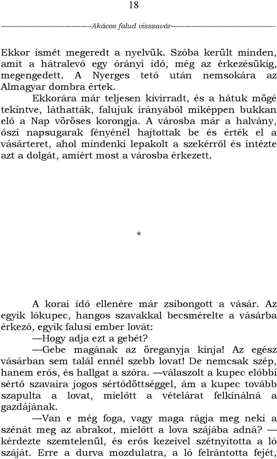 A városba már a halvány, őszi napsugarak fényénél hajtottak be és érték el a vásárteret, ahol mindenki lepakolt a szekérről és intézte azt a dolgát, amiért most a városba érkezett.